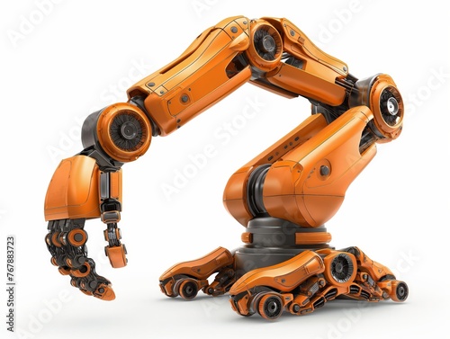 A highly detailed orange industrial robot arm demonstrating articulation and flexibility, isolated on a white background. photo