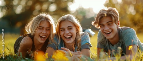 Teenagers laughing in the park on a grassy field photo