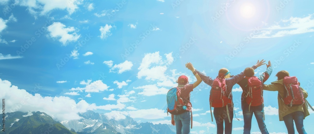 Having fun together, four happy friends gaze at the mountains. Text space for additional text. Travel concept. - obrazy, fototapety, plakaty 