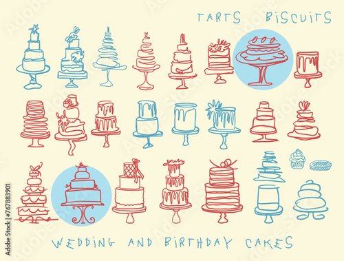 Vector isolated hand drawn sketch of trending wedding and birthday cakes with floral and bows decoration on a white background. Holiday dessert in vintage style. For menu and cards.