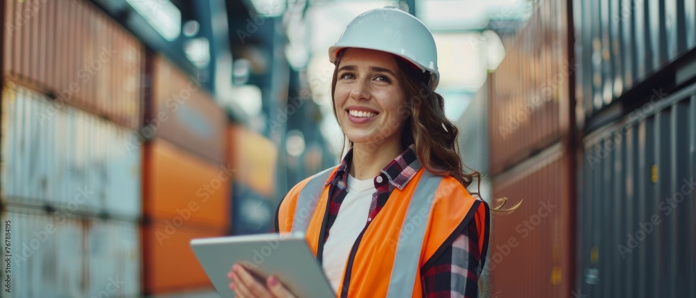 A smiling portrait of a beautiful Latina Industrial Engineer using an iPad in a container terminal. The engineer is wearing a hard hat and high-visibility vest, and is working on a tablet computer. - obrazy, fototapety, plakaty 