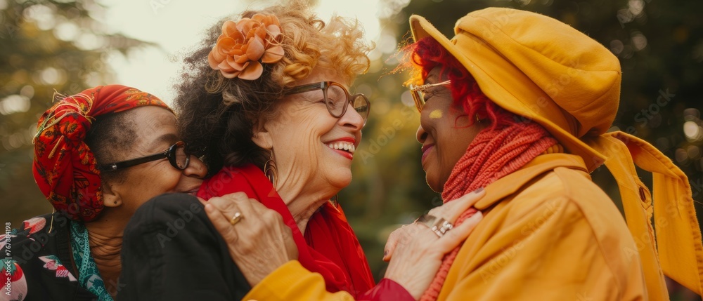 Multiracial women having fun outdoors - Elderly generation hugging each other at the park