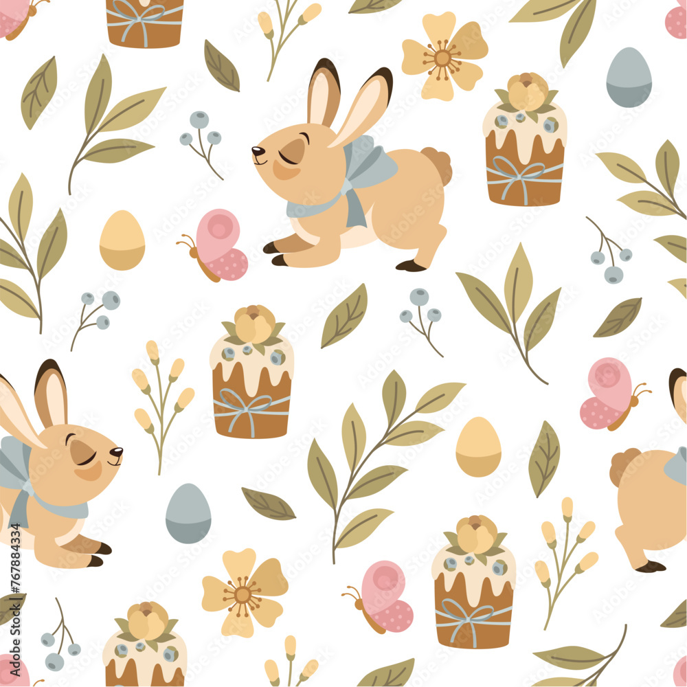 Fototapeta premium Seamless pattern with hand-drawn Bunnies, Easter cakes, flowers and leaves. Printing on fabric wrapping paper.