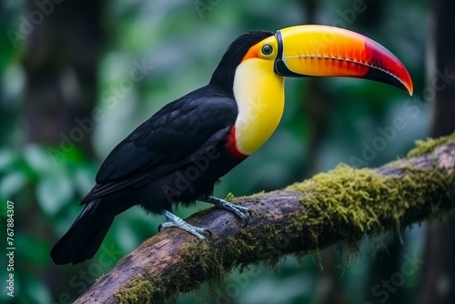 Tropical toucan bird perched on rainforest tree branch in natural wildlife habitat