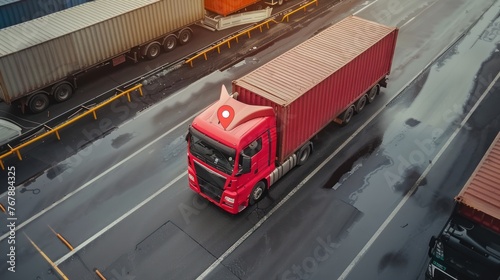 Top view container truck with GPS tracking pin pointer moving on a map. AI generated image