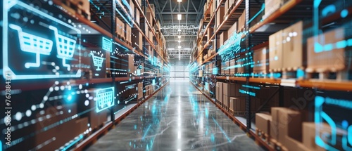 A futuristic technology retail warehouse that analyzes goods, cardboard boxes, and products delivery information in logistics and distribution centers using Industry 4.0 processes photo