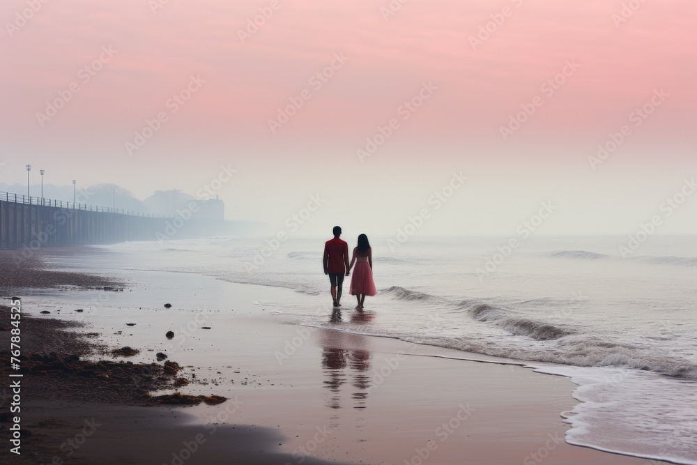 Happy Romantic Middle Aged Couple Enjoying Beautiful Sunset Walk on the Beach.