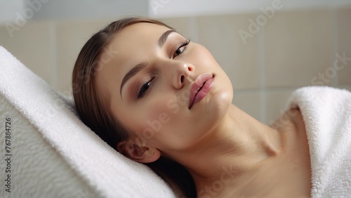 Young woman with clean and fresh skin from a spa. Close-up portrait of a model with good skin. Cosmetology