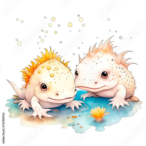 Nursery print with two cute cartoon axolotls on a white background isolated