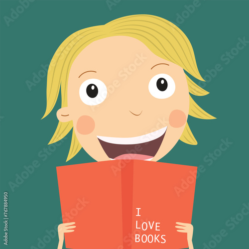 Book concept world book day. Little boy reading a book. Vector Illustration.