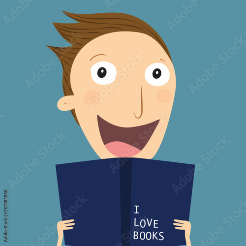 Book concept world book day. Man reading a book. Vector Illustration.