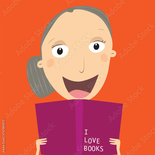 Book concept world book day. Senior woman reading a book. Vector Illustration.