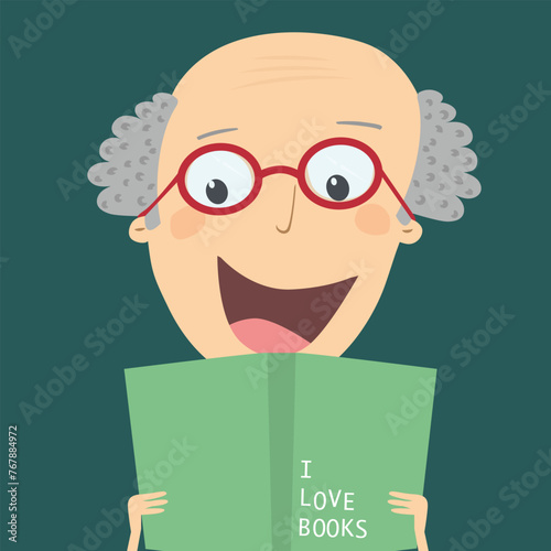 Book concept world book day. Senior man reading a book. Vector Illustration.