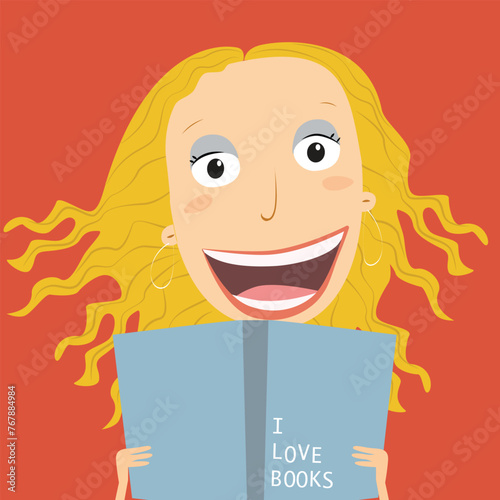 Book concept world book day. Blonde girl reading a book. Vector Illustration.