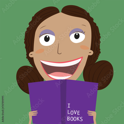 Book concept world book day. Black girl reading a book. Vector Illustration.