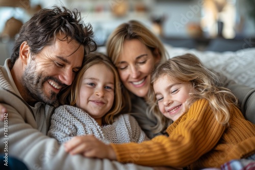 Portrait of happy Caucasian family with little kids relaxing on a couch. Cheerful smiling parents resting on sofa, hugging preschool children, posing for picture together at home.