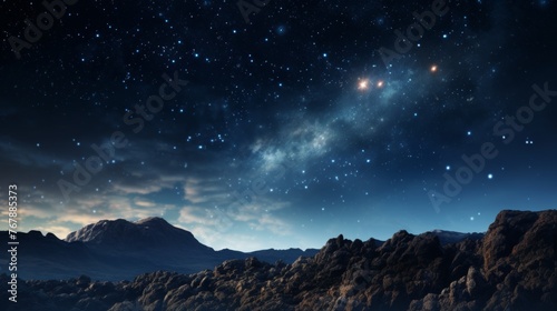 Shooting star in dark blue sky with galaxy of stars and falling meteorite illumination © Aliaksandra