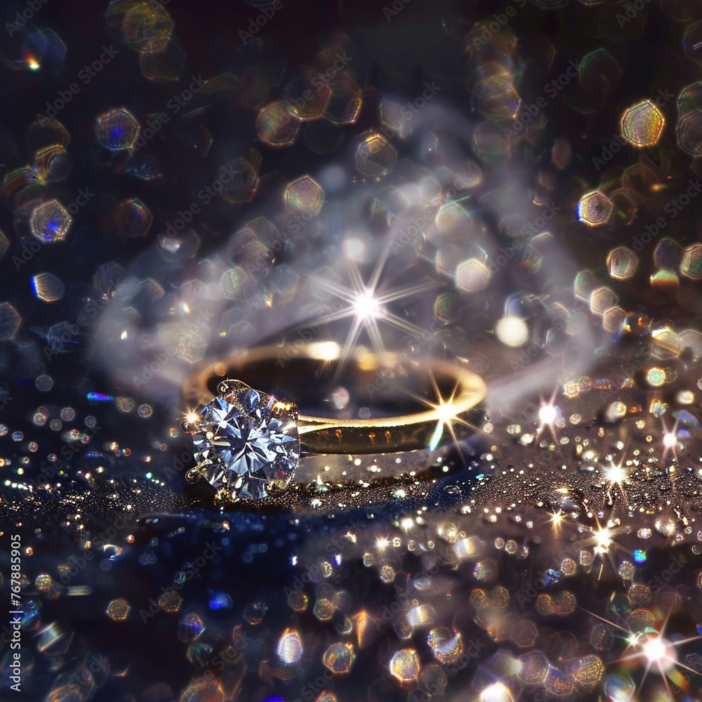 Sparkling diamond ring with rays of light dispersing around, romantic setting no dust Sparkling diamond ring with rays of light dispersing around, romantic setting no dust