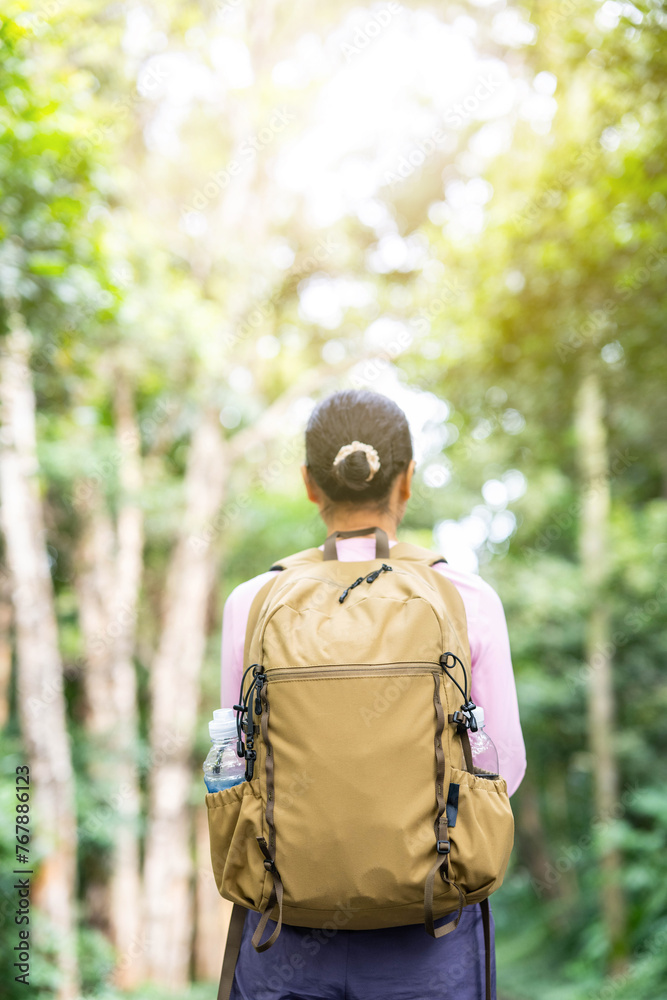 Back view of woman hiking with backpack outdoors