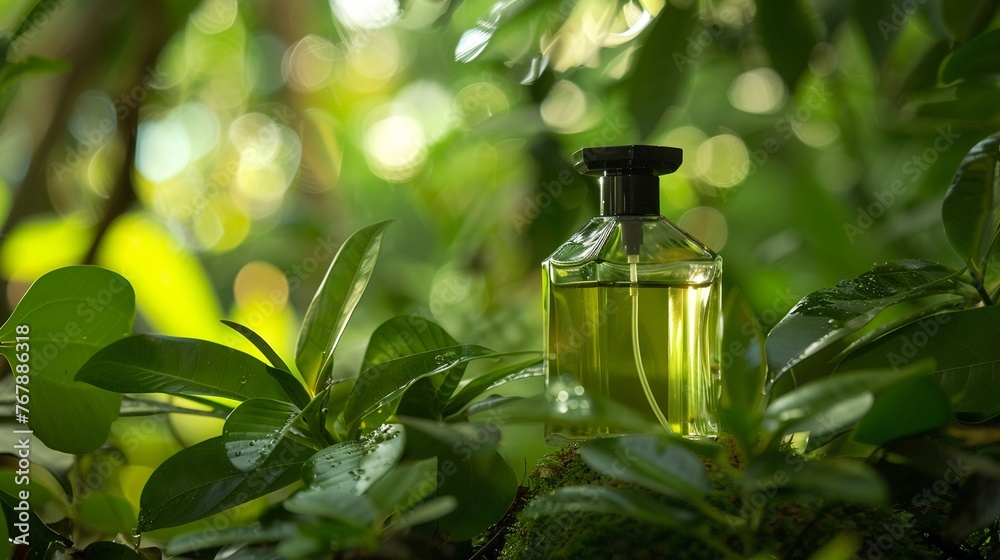 Perfume in a rainforest setting, droplets and green foliage enhancing the natural feel no dust Perfume in a rainforest setting, droplets and green foliage enhancing the natural feel no dust