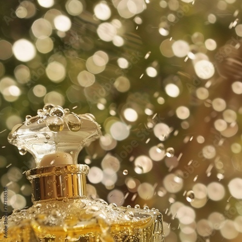 Perfume bottle caught in a gentle rain, focus on the texture and droplets low texture