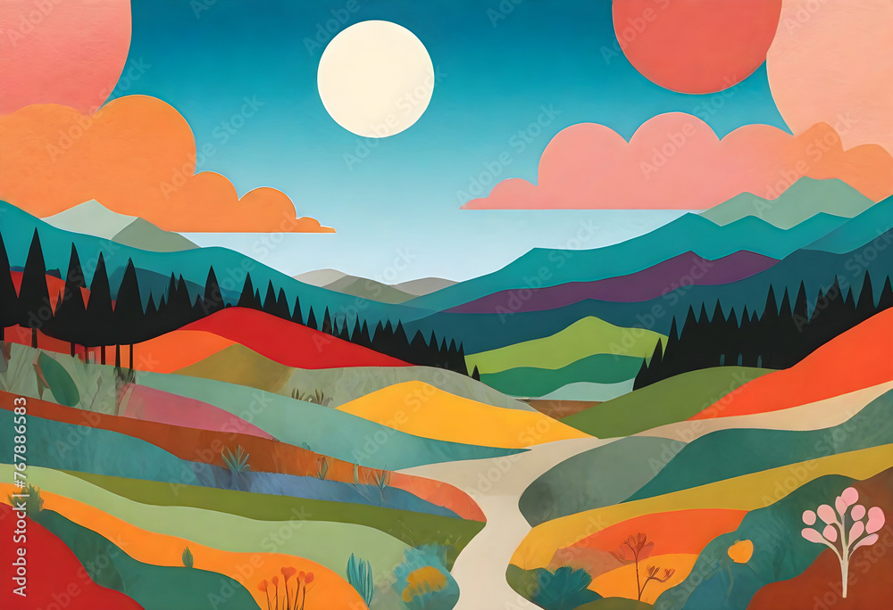 a colorful painting of a mountain landscape with trees and hills