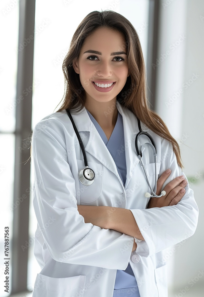Smiling female doctor in lab coat with arms crossed against blue background Smiling female doctor in lab coat with arms crossed against blue background