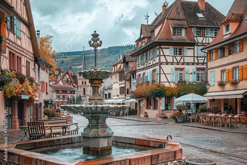 An enchanting medieval town square with historic buildings and a central fountain surrounded by cafes