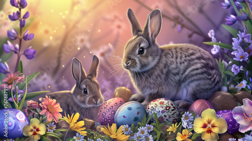 Digital Easter scene with bunnies, eggs and spring flowers, Bright and colourful digital artwork, Soft lighting to enhance the festive mood, A blend of tradition and modern digital artwork