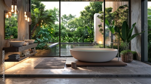 Modern bathroom interior with a sleek bathtub, nature-inspired design, and luxurious aesthetics in a spacious setup.