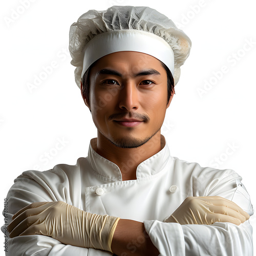 A food service worker wearing gloves and a hairnet isolated on white background, photo, png
