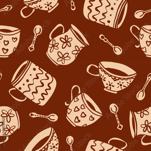 Cups and Mugs Seamless Vector Pattern in Block Print Style. Tea Cup, Coffee Cup and Kitchen Mug. Porcelain Tableware