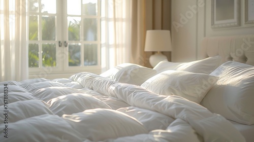 Morning freshness in a sunlit bedroom with white linens, capturing tranquility, rest, and a clean living space concept.