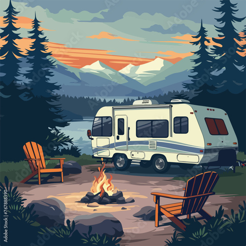 The car is located in a wild forest location, surrounded by camping chairs and a fire pit © fara