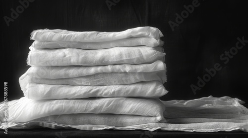 Stack of crisp white linen towels on dark background, emphasizing contrast and purity, Concept of minimalism, cleanliness, monochrome