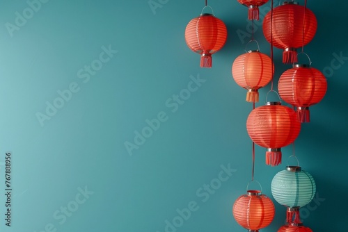 Chinese New Year. Paper lanterns on a blue background with empty space.