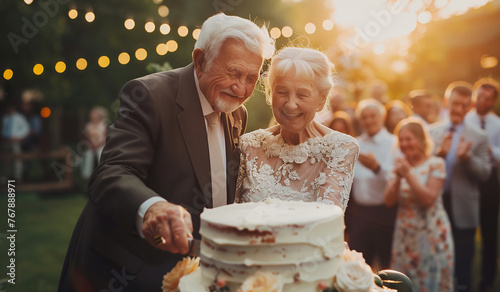 Happy elegant dressed elderly grey-haired couple cheerful smiling when they cutting their 60th Wedding Anniversary cake among friends, family relatives on backyard. Happiness of relationships concept. photo