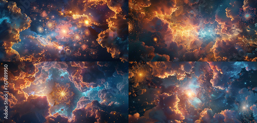 Glowing mandalas intertwining with cosmic clouds, echoing 70s opulence in a starlit sky.