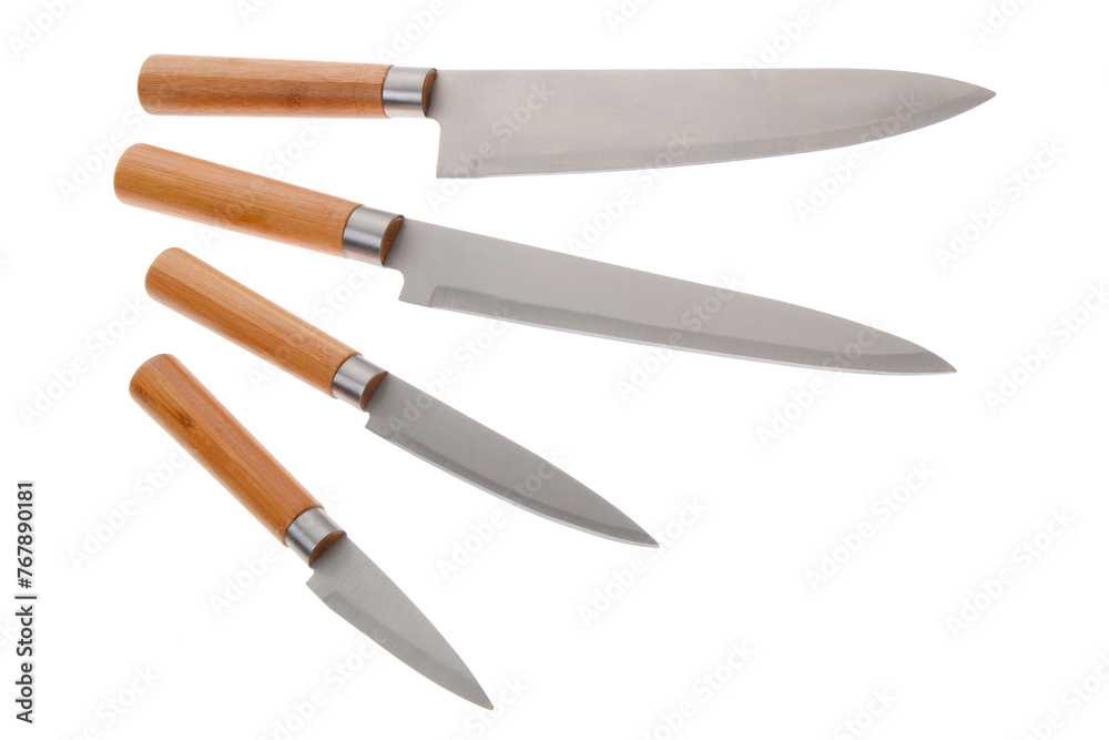 Kitchen knives with wooden handle set on white background Kitchen knives with wooden handle set on white background