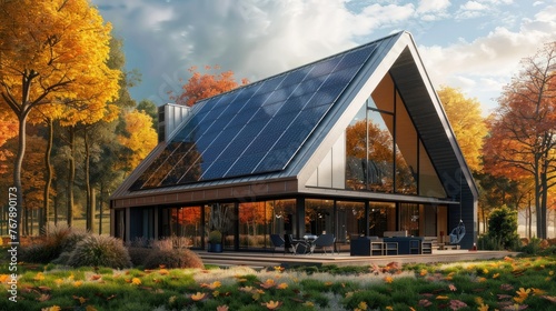 Modern house with solar panels on the roof surrounded by green grass and trees in autumn. The house has large windows to let in natural light and uses solar energy as a clean energy source.