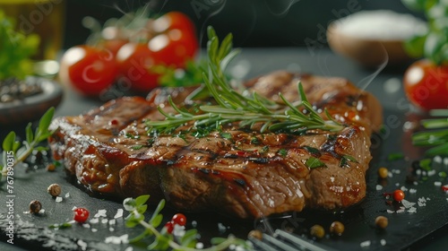 perfectly grilled filet mignon steak on slate, surrounded by fresh herbs and tomatoes, against a dark background, close-up shot, macro shot.