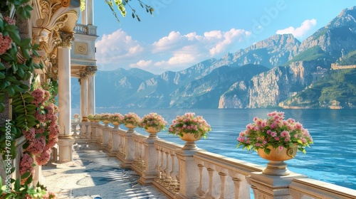 Balcony with white marble railings overlooking the azure sea, surrounded by lush greenery and mountains in the distance. Detailed architectural elements add to its grandeur.