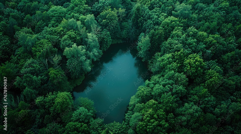 An aerial view of a dense green forest with a lake in the middle, shot from top to bottom with a drone, providing a wide-angle natural background.