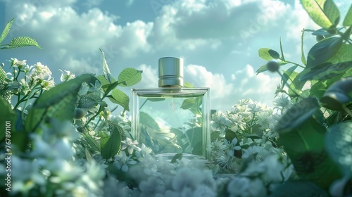 Perfume bottle surrounded by clouds and plants, surrounded by green vegetation and white flowers, light colors with a clean, fresh style in a commercial advertising style, soft lighting.