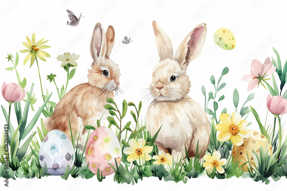 Fototapeta premium Watercolor illustration of rabbits with Easter eggs and spring flowers, perfect for a spring-themed or Easter greeting card.