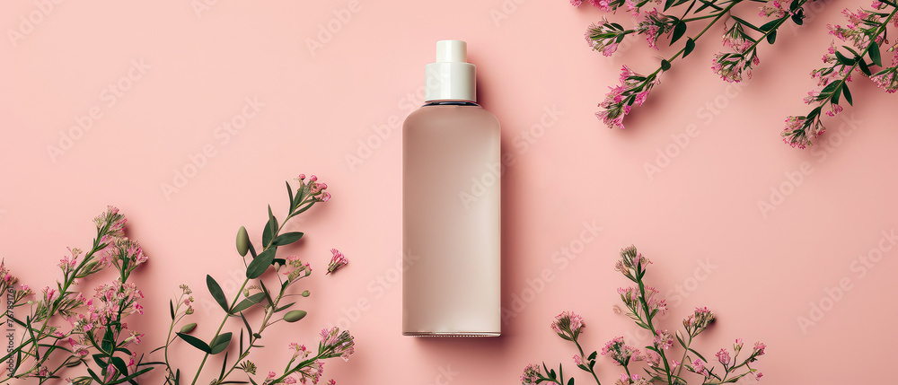 Pink pastel cosmetic mockup. Layout, Flat lay. Banner with cream jar, container, serum bottle, leaf, flowers and decoration.Skin Care beauty concept. Showcase for product presentation.Generative ai Pink pastel cosmetic mockup. Layout, Flat lay. Banner with cream jar, container, serum bottle, leaf, flowers and decoration.Skin Care beauty concept. Showcase for product presentation.Generative ai