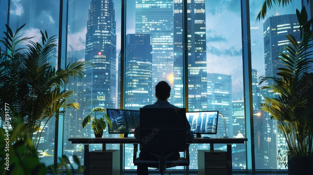 A man sits at a table in front of a computer and looks through large windows overlooking modern skyscrapers and the cityscape. He has a city office with plants on either side.