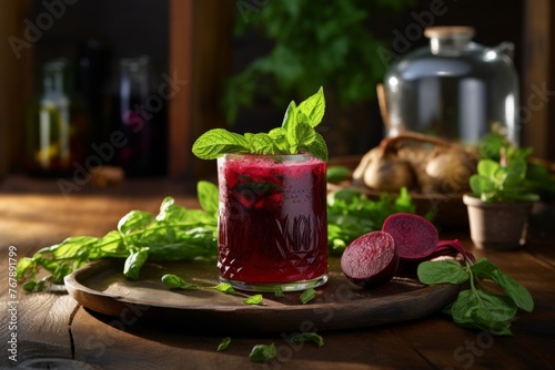 Vibrant beet juice in glass on rustic wooden background, showcasing natural freshness