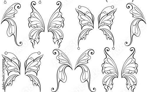 Vector monochrome pattern with tracery contour butterfly wings. Entomology surface design. Texture with black outline fairy wings on a white background.