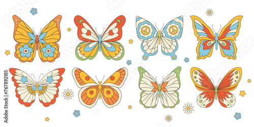 Beautiful groovy butterfly vector hand drawn illustrations set. Stock pop clip art in Hippie 60s 70s style. Peace. Pacific.
